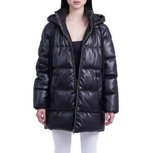 NEW LOVE TOKEN bianka zip front puffer coat in black